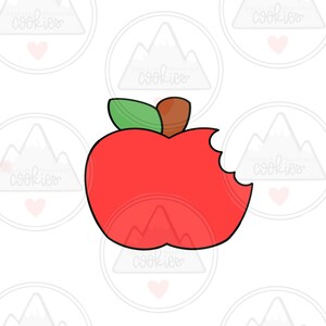 Puede incluir: Una manzana roja con un mordisco. La manzana tiene una hoja verde en la parte superior y un tallo marrón.