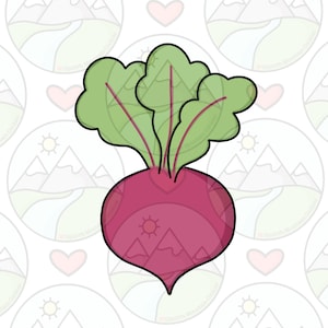 May include: A cartoon illustration of a beet with green leaves and a pink body. The beet is outlined in black and has a simple, cartoon style.