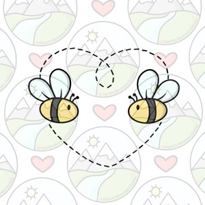 May include: Two yellow and black cartoon bees with white wings are flying in a heart shape made of dashed lines. The bees are facing each other and have a pink heart between them. The background is a white pattern of mountains, suns, and hearts.