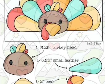 Puede incluir: Una plantilla de manualidades de pavo de Acción de Gracias imprimible con instrucciones para cortar las piezas. La plantilla incluye una caja de 15,2 x 24,1 cm, una cabeza de pavo de 8,3 cm, una pluma pequeña de 8,3 cm, un pico de 5,1 cm y una pluma grande de 10,2 cm.