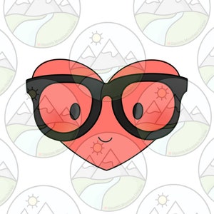 May include: A red heart wearing black-rimmed glasses with a happy expression. The heart is cartoon-style and has a simple design.