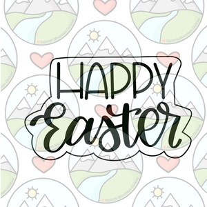 以下が含まれることがあります： 装飾的なフォントで「HAPPY EASTER」と書かれた黒と白のクッキーカッターです。