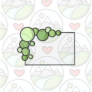 May include: A green and white illustration of a frame with a cluster of green circles in the top left corner. The frame is on a white background with a repeating pattern of mountains, hearts, and suns.