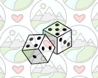 Puede incluir: Dos dados blancos con puntos negros, uno encima del otro, sobre un fondo de un patrón repetitivo de montañas, sol y corazones. El patrón está en tonos de gris, verde y rosa.