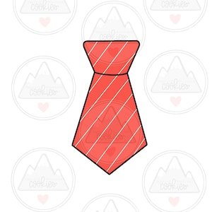 May include: A red and white striped tie with a black outline. The tie is a simple design with a rounded top and a pointed bottom.