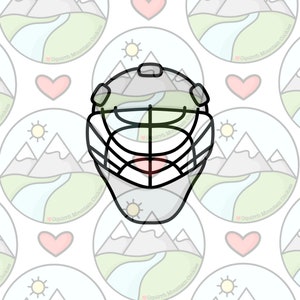May include: A black and white line drawing of a hockey goalie mask. The mask has a cage and a chin strap. The background is a white pattern of mountains, hearts, and suns.