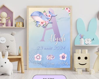Póster de nacimiento personalizado en el océano - Regalo de nacimiento - Habitación del bebé