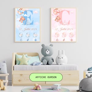 Póster personalizado de oso de nacimiento - Regalo de nacimiento - Habitación del bebé