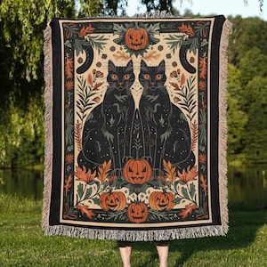 Black Cats and Jack o Lanterns Halloween Woven Throw Blanket, Witchy Woven Blanket Tapestry, Spooky Woven Cotton Throw for Halloween