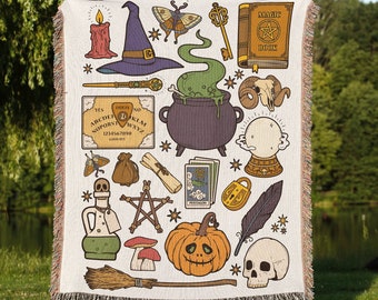 Witches Study Halloween Woven Throw Blanket, Witchy Woven Blanket Tapestry, Spooky Woven Cotton Throw for Halloween, Skulls Potions Cauldron
