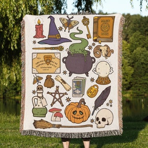 Witches Study Halloween Woven Throw Blanket, Witchy Woven Blanket Tapestry, Spooky Woven Cotton Throw for Halloween, Skulls Potions Cauldron
