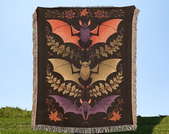 Medieval Bat Tapestry inspired Woven Throw Blanket Dark Academia Decor Bats Woven Tapestry Blanket, Halloween Blanket, Spooky Bat Decor