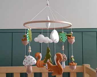 Handmade Forest Nursery Mobile with Squirrel, Felt Baby Mobile