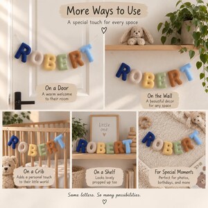 May include: A decorative garland featuring plush, stuffed fabric letters spelling the name ROBERT in blue, cream, yellow, green, brown, and light blue. The letters are strung together on a cord and displayed in various settings including a door, wall, crib, and shelf.