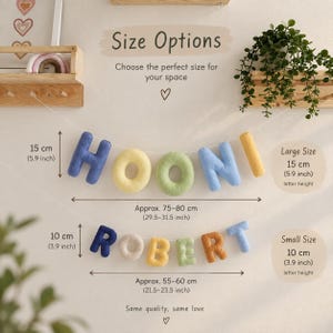 May include: Two felt letter garlands spelling HOONI and ROBERT. The large garland has 15 cm tall letters and is 75-80 cm wide. The small garland has 10 cm tall letters and is 55-60 cm wide. Text includes Size Options and Same quality, same love.