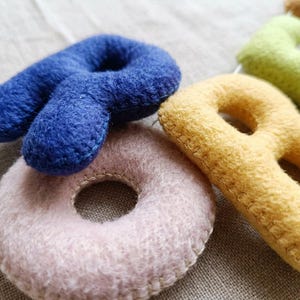 May include: A collection of soft, plush alphabet letters crafted from felt. The set includes a dark blue letter R, a light pink letter O, a yellow letter B, and a light green letter E, all featuring visible stitched edges and a fuzzy texture.