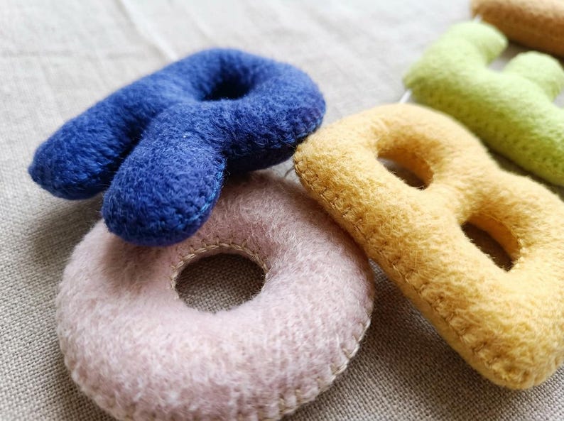 May include: A collection of soft, plush alphabet letters crafted from felt. The set includes a dark blue letter R, a light pink letter O, a yellow letter B, and a light green letter E, all featuring visible stitched edges and a fuzzy texture.