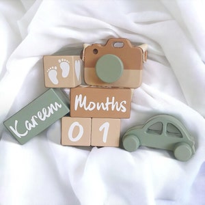 Bloques de madera personalizados para hitos, juego de 7 hitos mensuales para bebés, accesorios para fotos de bebés, cubos de memoria: regalo único para bebés