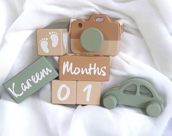 Personalized Baby Milestone Blocks, Wooden Photo Props, Pastel Nursery Decor