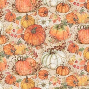 1/2 yard of 44&quot; White & Orange Pumpkins Susan Winget 100% Cotton Fabric Autumn Fall Halloween Thanksgiving Harvest Squash Maple Leaves
