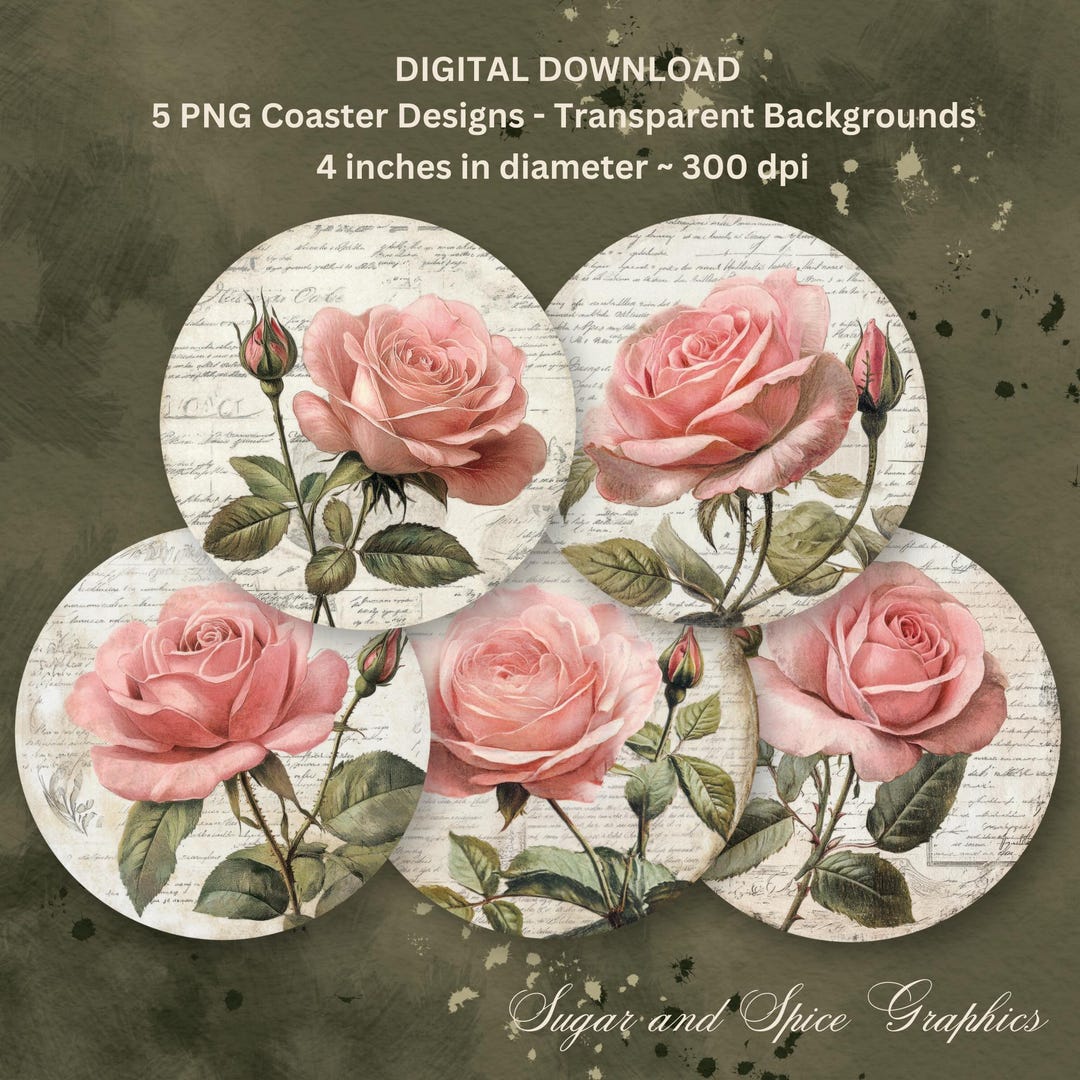 Pink Roses Floral Coaster/car Coaster Digital Download Vintage Roses ...