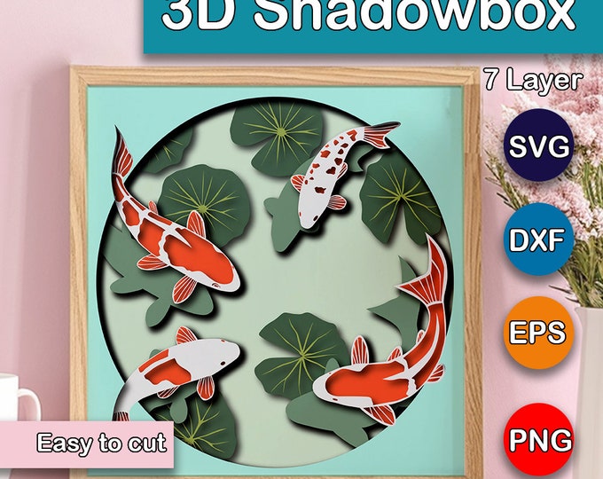 3D Stained Glass Koi Fish Shadow Box Svg, Koi Fish Layered Paper Cut ...