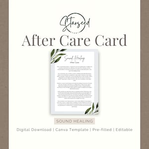 Puede incluir: Una tarjeta de cuidado posterior imprimible para sesiones de sanación con sonido. La tarjeta presenta un diseño de hojas verdes y el texto "Sound Healing After Care". El texto de la tarjeta proporciona consejos de autocuidado después de una sesión de sanación con sonido.