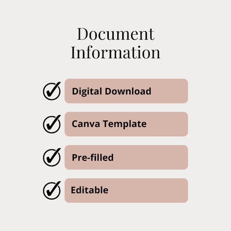 May include: A checklist with four items, each with a checkmark and a description. The items are: Digital Download, Canva Template, Pre-filled, and Editable. The checklist is on a light brown background.