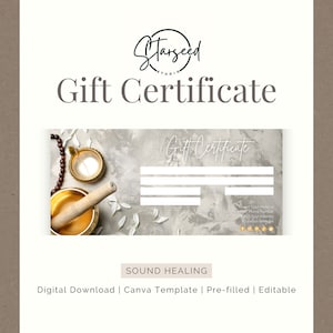 May include: A gift certificate template for sound healing services. The template features a gray background with a decorative design of a singing bowl, a wooden mallet, and white flowers. The text "Gift Certificate" is written in a cursive font at the top of the template. The template is pre-filled with fields for the recipient's name, the amount of the gift certificate, and the expiration date.