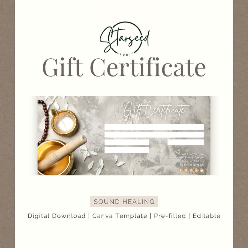 May include: A gift certificate template for sound healing services. The template features a gray background with a decorative design of a singing bowl, a wooden mallet, and white flowers. The text "Gift Certificate" is written in a cursive font at the top of the template. The template is pre-filled with fields for the recipient's name, the amount of the gift certificate, and the expiration date.