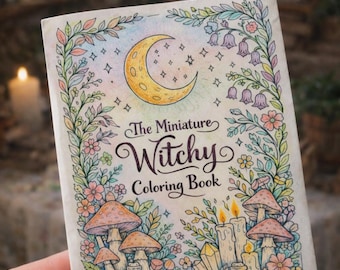 May include: A miniature coloring book titled "The Miniature Witchy Coloring Book" with a crescent moon, stars, mushrooms, flowers, and candles. The cover is decorated with a colorful, whimsical illustration with a fantasy theme.