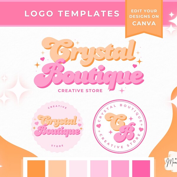 Retro Boutique Logo Design Template, Editable Canva Logo Design, Bright Pink Orange Logo Design for Small Business, Diy Logo, Premade Logo