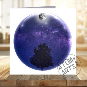 Biglietto di auguri sferico per osservare le stelle della cintura di Orione e della superluna