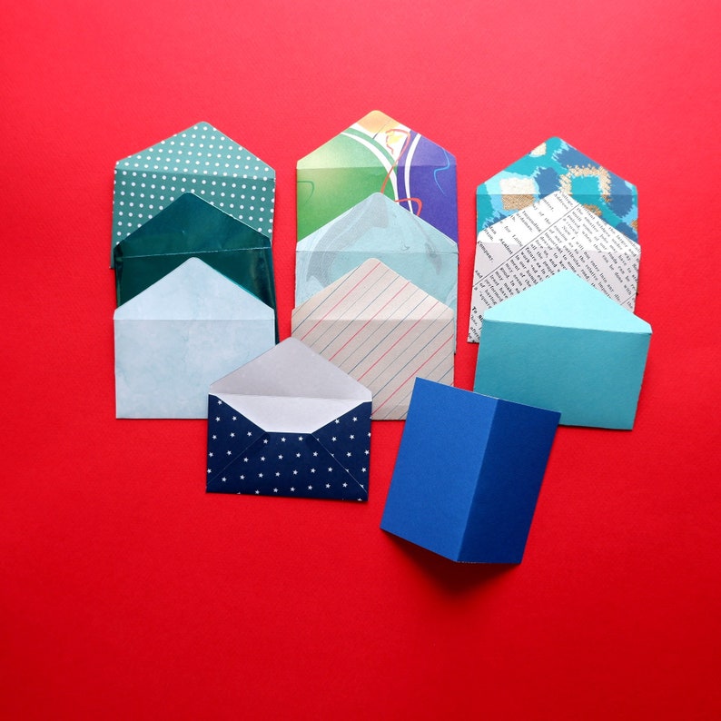 Mini envelopecard set of 10 blue turquoise green tones recycled paper hand made blank inside neutral monochromatic