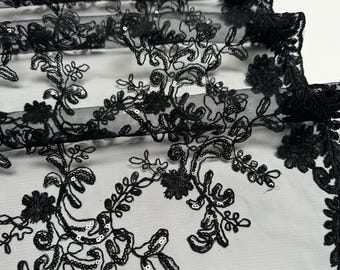 Black Floral Lace by the Yard, Embroidered Black Lace Fabric with Sequins, Floral Black Lace Fabric Embroidery with Sequins on Mesh Lace