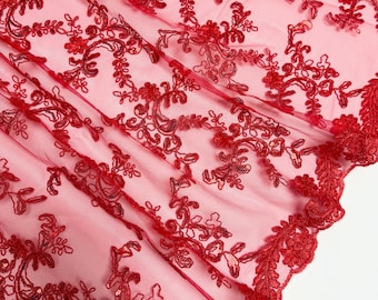 Red Floral Lace by the Yard, Embroidered Red Lace Fabric with Sequins, Floral Red Lace Fabric Embroidery with Sequins on Mesh Lace