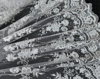 Embroidered White Lace Fabric with Sequins, White Floral Lace by the Yard, Floral Sequin Tulle White Lace for Bridal Gown Wedding Dress Veil