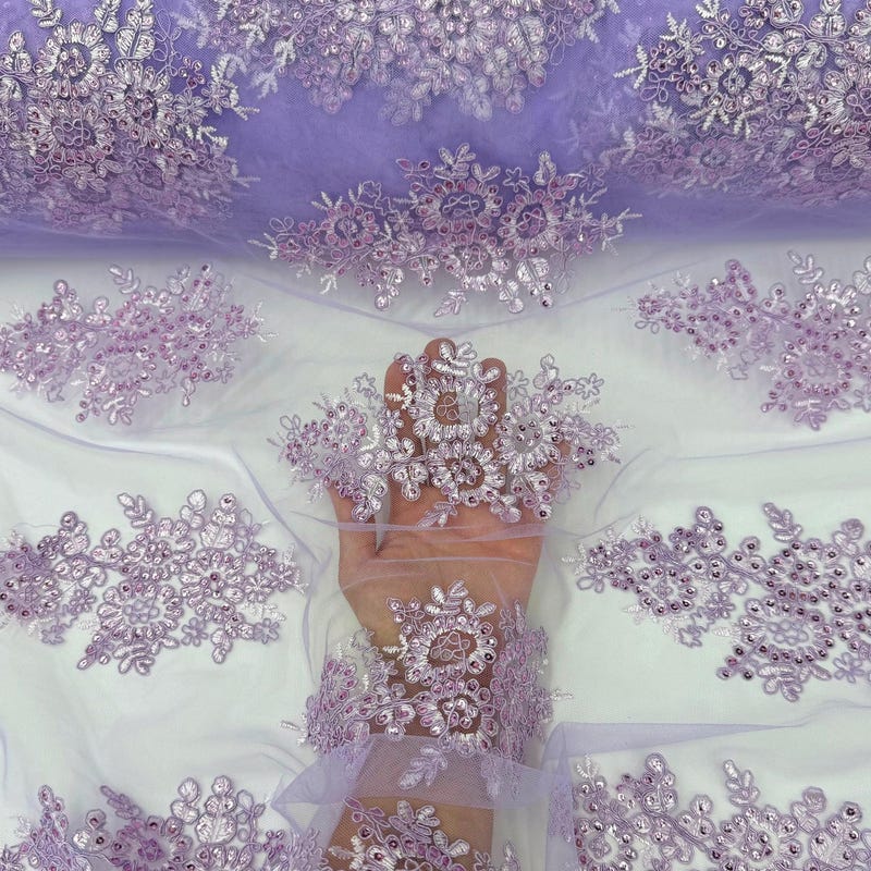 Lilac & Silver Abstract Swirl Sequin Lace Fabric with Floral Embroidery Motif and Sheer Mesh