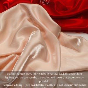 May include: A close-up of two fabrics, one a light peach color and the other a deep red. The peach fabric is draped, with visible folds and a shiny texture. The red fabric is in the background. Text on the image.