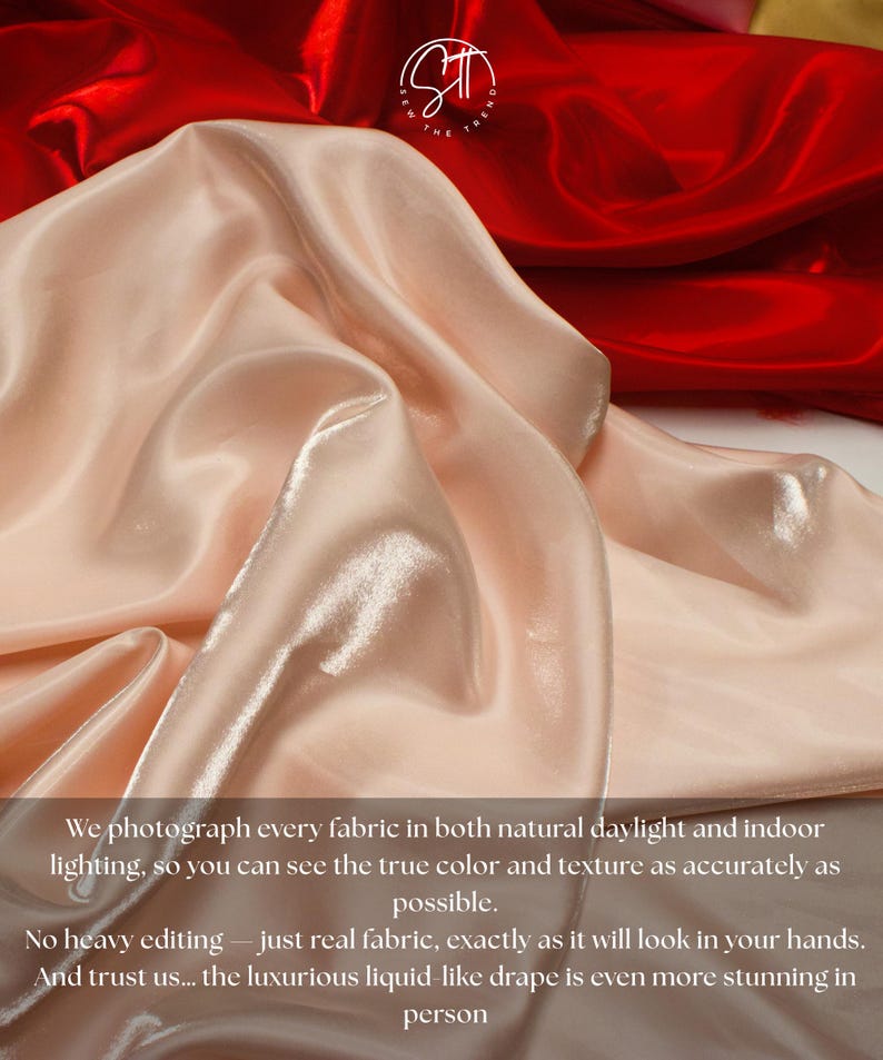 May include: A close-up of two fabrics, one a light peach color and the other a deep red. The peach fabric is draped, with visible folds and a shiny texture. The red fabric is in the background. Text on the image.