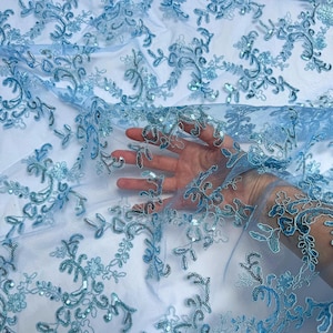 Baby Blue Floral Lace by the Yard Embroidered Light Blue Lace Fabric with Sequins, Baby Blue Lace Fabric Embroidery with Sequins on Mesh