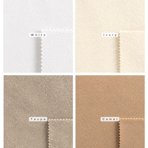 May include: A grid of four fabric swatches featuring textured surfaces in white, ivory, taupe, and camel colors. Each swatch includes a small overlapping piece with a pinked edge and a label identifying the color as White, Ivory, Taupe, or Camel.
