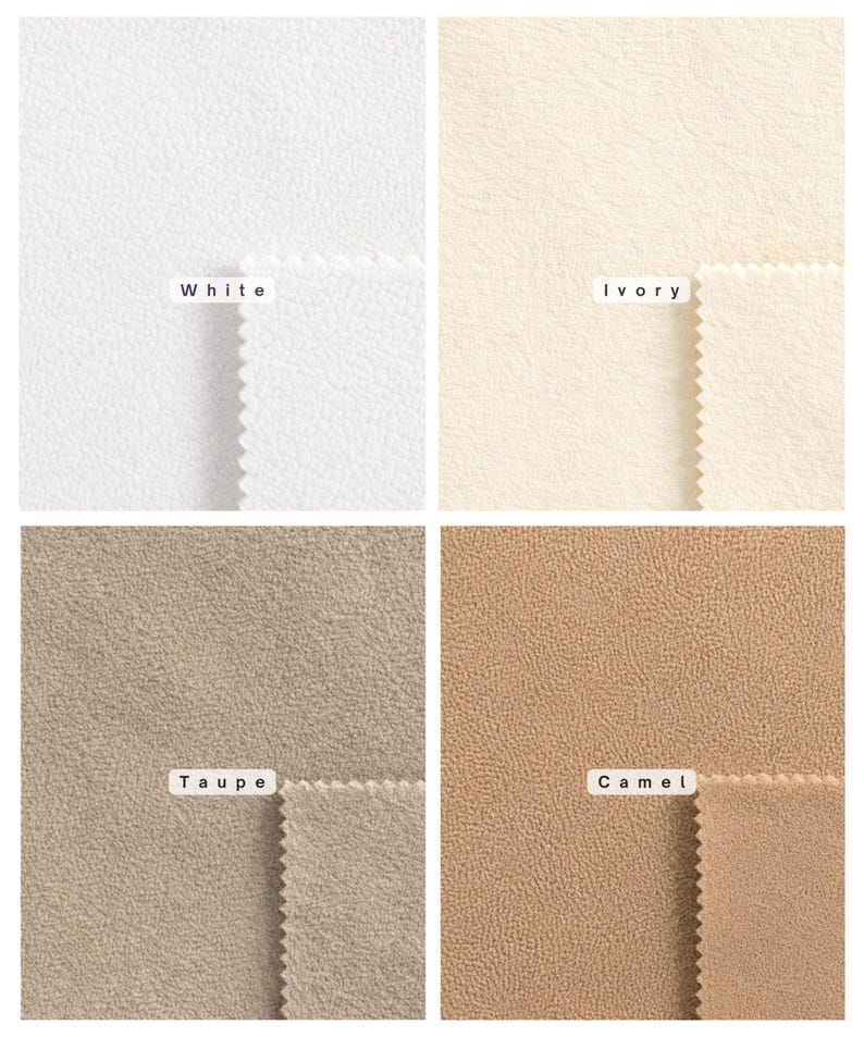 May include: A grid of four fabric swatches featuring textured surfaces in white, ivory, taupe, and camel colors. Each swatch includes a small overlapping piece with a pinked edge and a label identifying the color as White, Ivory, Taupe, or Camel.