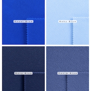May include: A grid of four fabric swatches in shades of blue. Each section features a textured surface and a pinked edge, labeled with the text Royal Blue, Baby Blue, Navy Blue, and Denim Blue respectively, showcasing distinct blue color variations.
