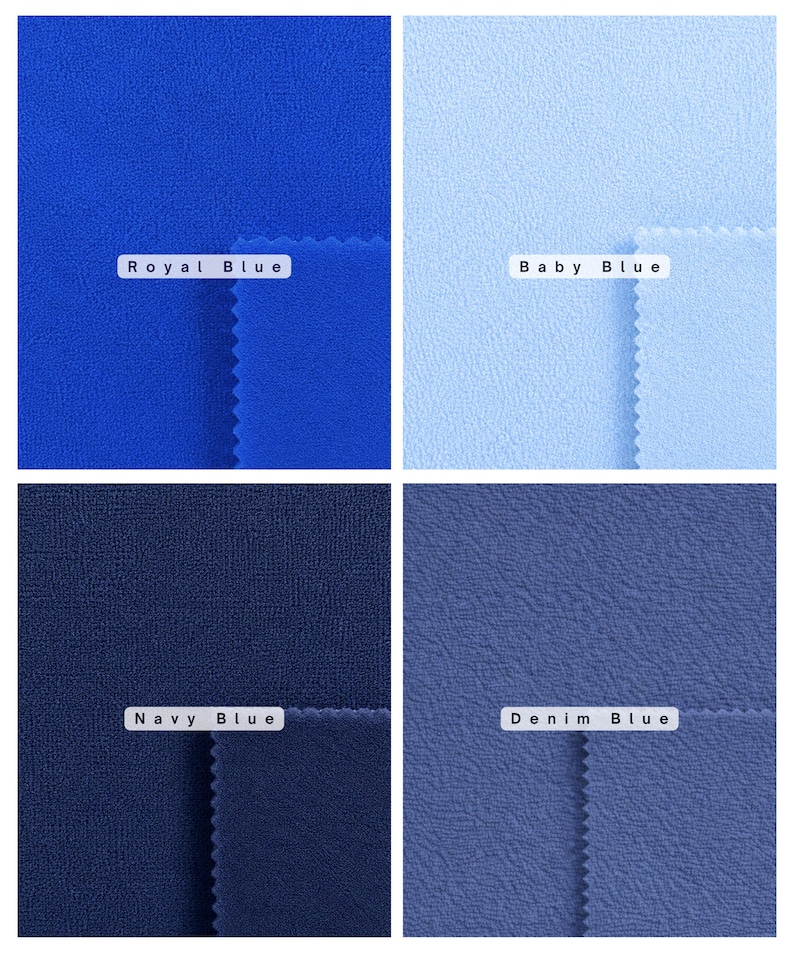 May include: A grid of four fabric swatches in shades of blue. Each section features a textured surface and a pinked edge, labeled with the text Royal Blue, Baby Blue, Navy Blue, and Denim Blue respectively, showcasing distinct blue color variations.