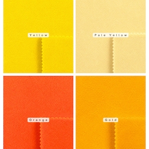 May include: A grid of four fabric swatches featuring textured surfaces in yellow, pale yellow, orange, and gold. Each swatch is labeled with its corresponding color name: Yellow, Pale Yellow, Orange, and Gold. The fabric edges are pinked.