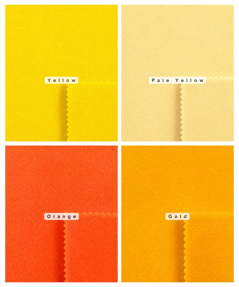 May include: A grid of four fabric swatches featuring textured surfaces in yellow, pale yellow, orange, and gold. Each swatch is labeled with its corresponding color name: Yellow, Pale Yellow, Orange, and Gold. The fabric edges are pinked.