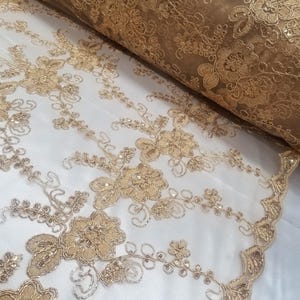 Gold Embroidered Lace Fabric, Gold Lace Fabric, Gold Floral Lace with Sequins on Mesh Lace Fabric by the Yard, Gold Double Scalloped Lace