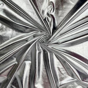 Metallic Silver Foil Lame Spandex Fabric by the Yard, 4 Way Stretch Silver Lame Fabric All Over Foil on stretch Knit for Costumes Dance Wear