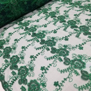 Hunter Green Embroidered Lace Fabric, Emerald Lace Fabric, Floral Lace with Sequins on Mesh Fabric by the Yard, Green Double Scalloped Lace